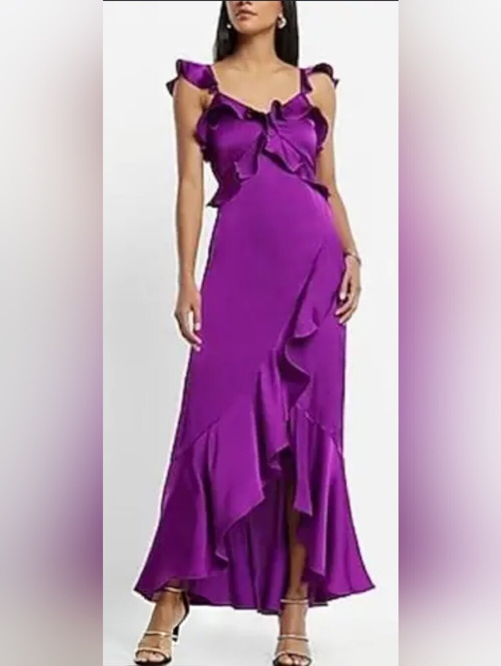 NWOT!Express Summer Purple Satin V-Neck Side Ruffle Women's Formal Maxi Dress XS